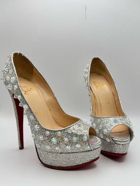 Christian Louboutin Lady Peep Spikes 150 Rainbow Glitter Peep Toe Heels 36